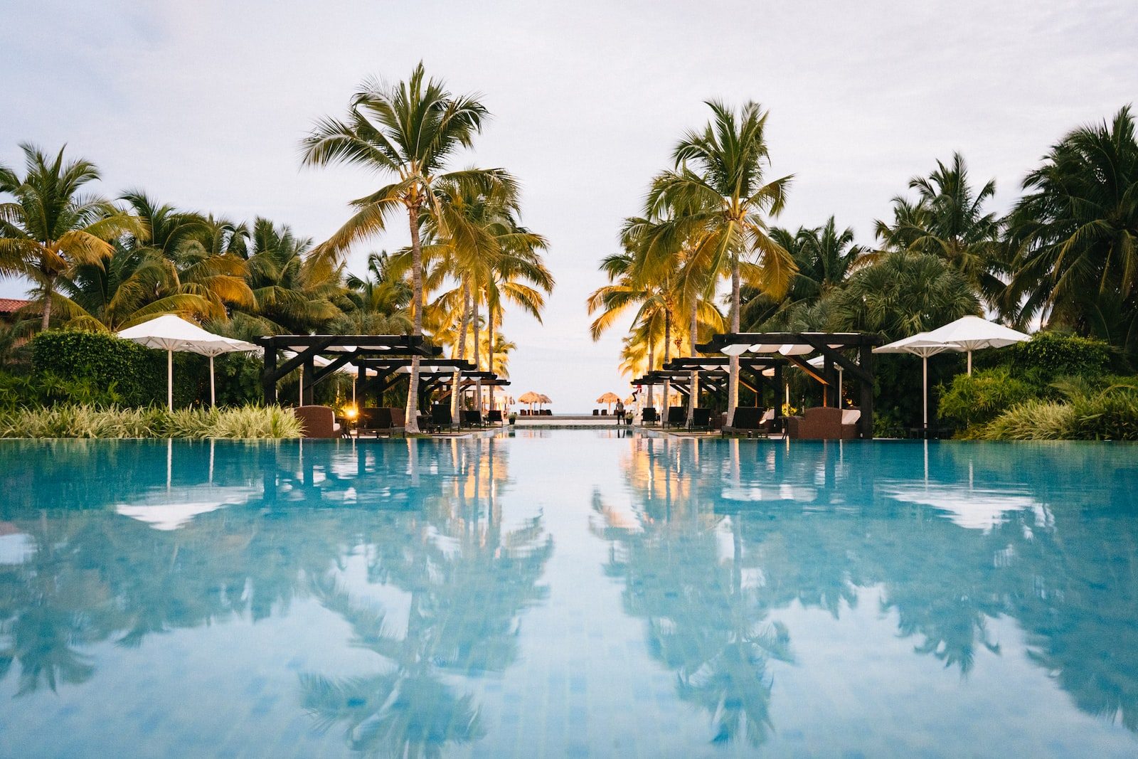Infinity swimming pool lined with palm trees, sun loungers and parasols leading towards the sea at sunset