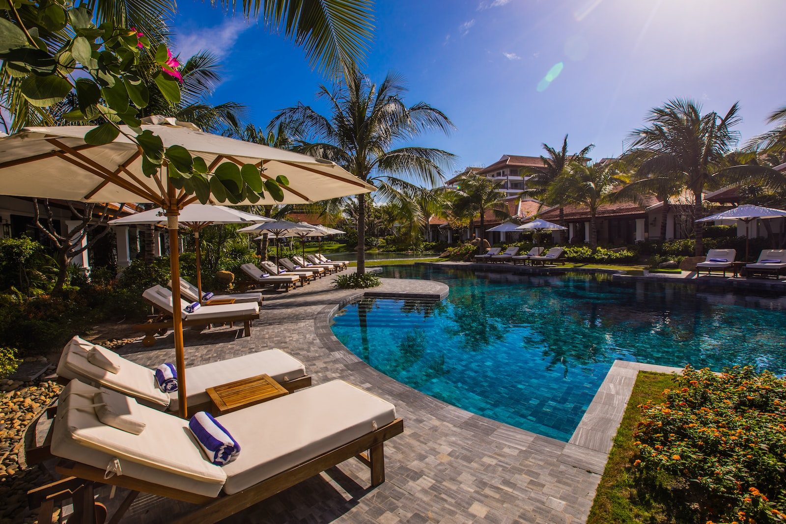 Sun loungers and parasols beside a tropical resort swimming pool with palm trees and hotel buildings in the background