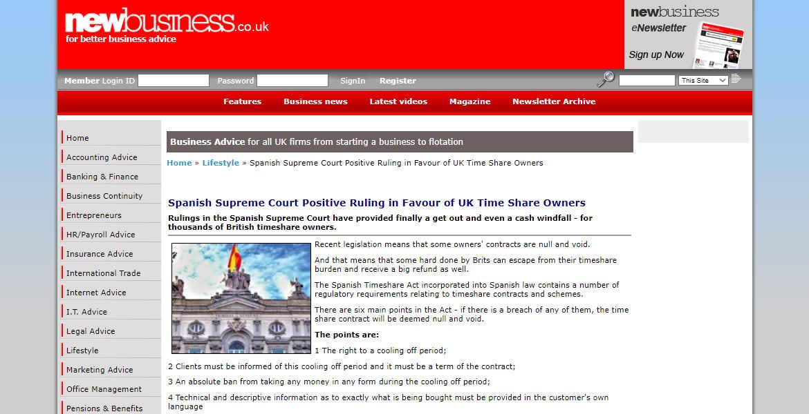 Screenshot of a NewBusiness.co.uk article titled “Spanish Supreme Court Positive Ruling in Favour of UK Time Share Owners” with a photo of a building topped by a Spanish flag.