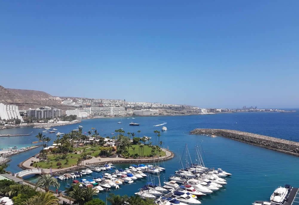 Aerial view of a coastal marina with yachts and boats, palm-lined promenade, and seaside resort buildings under a clear blue sky