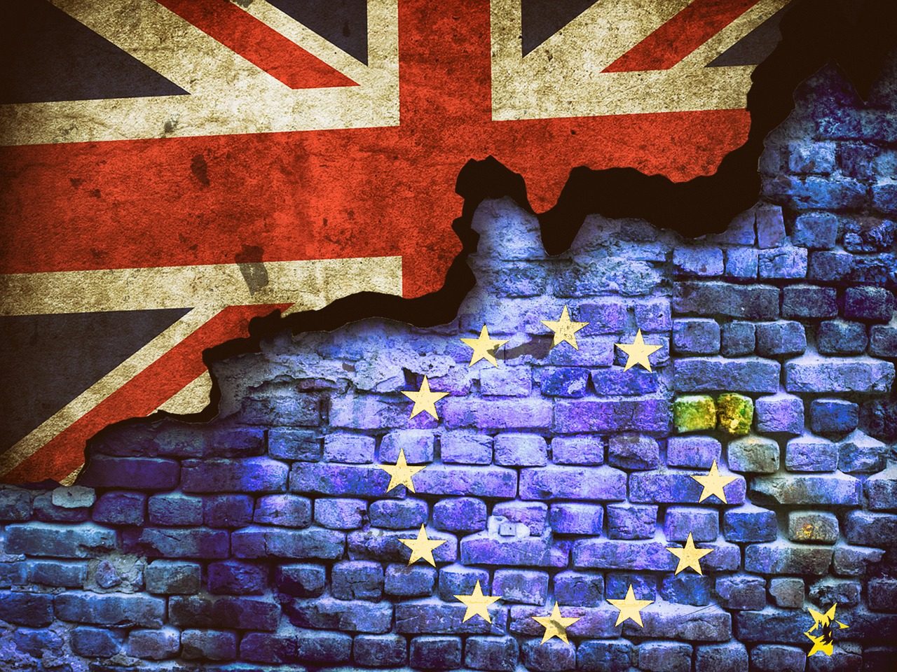 Weathered Union Jack above a cracked brick wall painted as the EU flag with yellow stars, symbolising Brexit timeshare disputes