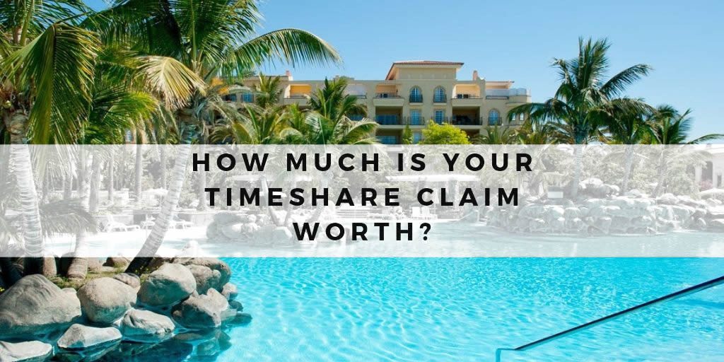 Tropical resort swimming pool with palm trees and hotel building, overlaid text: How much is your timeshare claim worth?