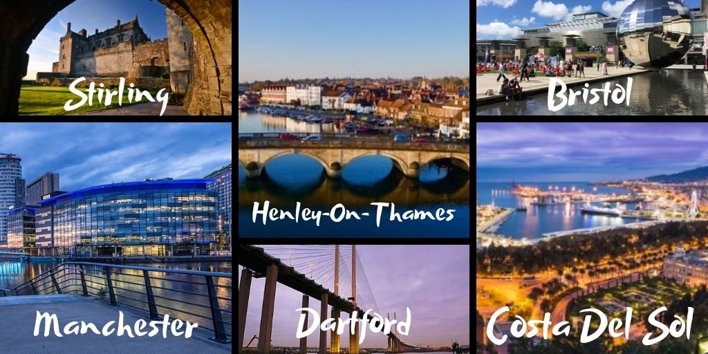 Collage of UK and Spain city scenes labelled Stirling, Bristol, Manchester, Henley-on-Thames, Dartford and Costa del Sol