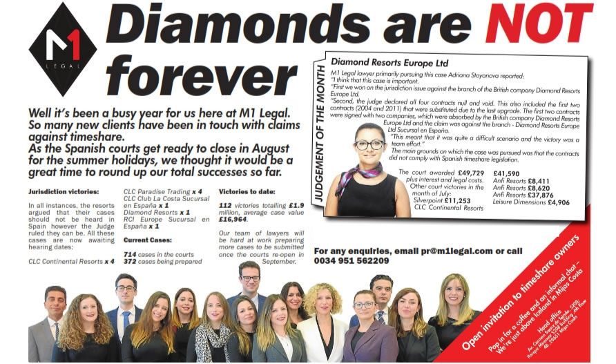 M1 Legal promotional graphic reading “Diamonds are NOT forever”, with text about Diamond Resorts Europe Ltd judgements, a portrait photo, and a group photo of the legal team at the bottom.