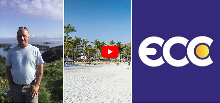 Collage showing a man standing outdoors by the sea, a sunny beach scene with a play button overlay, and the ECC logo on a blue background