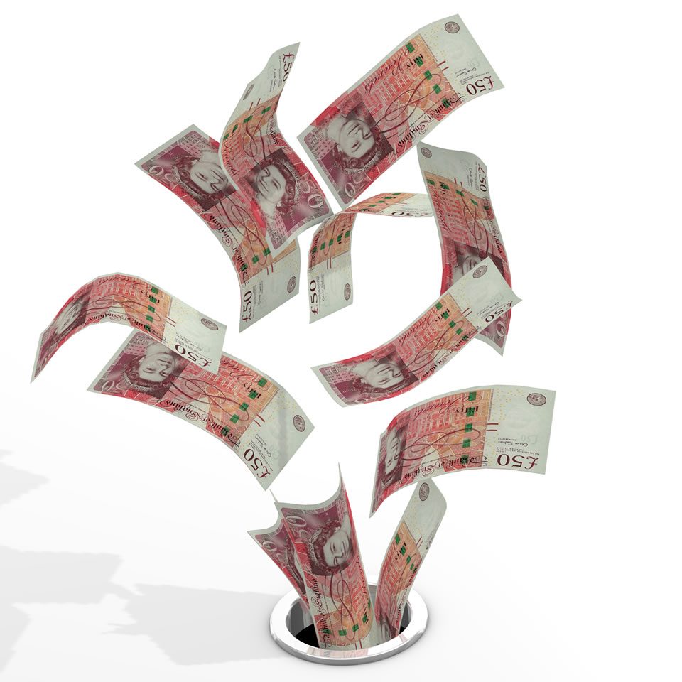 Flying £50 notes swirling into a drain, symbolising money lost to timeshare maintenance fees 2022