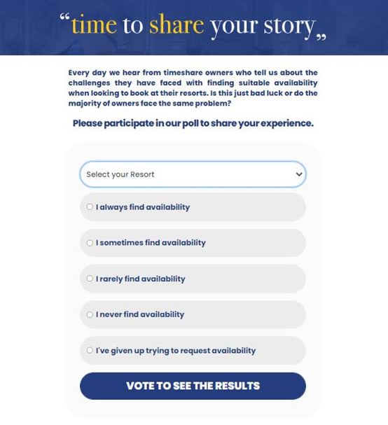 Timeshare availability poll screen showing booking availability options and a “Vote to see the results” button