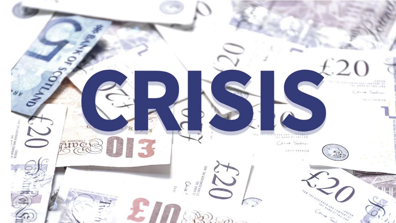 Word “CRISIS” over a background of scattered British pound notes and £20 bills, illustrating cost of living timeshare fees