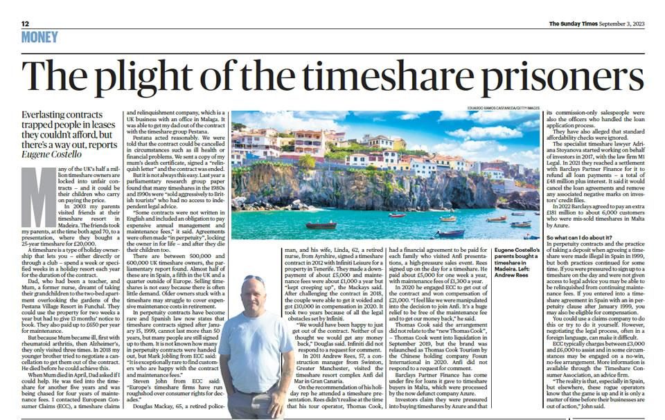 Screenshot of a Sunday Times Money page titled “The plight of the timeshare prisoners”, with a seaside resort photo and a cut-out portrait of a man in a white shirt.