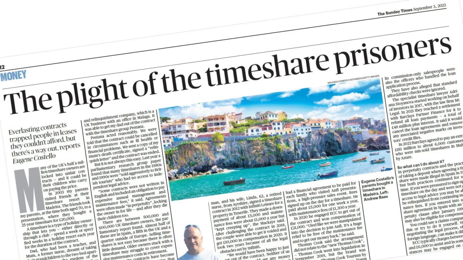 The Sunday Times newspaper article titled “The plight of the timeshare prisoners”, with a seaside town and boats photo above the text