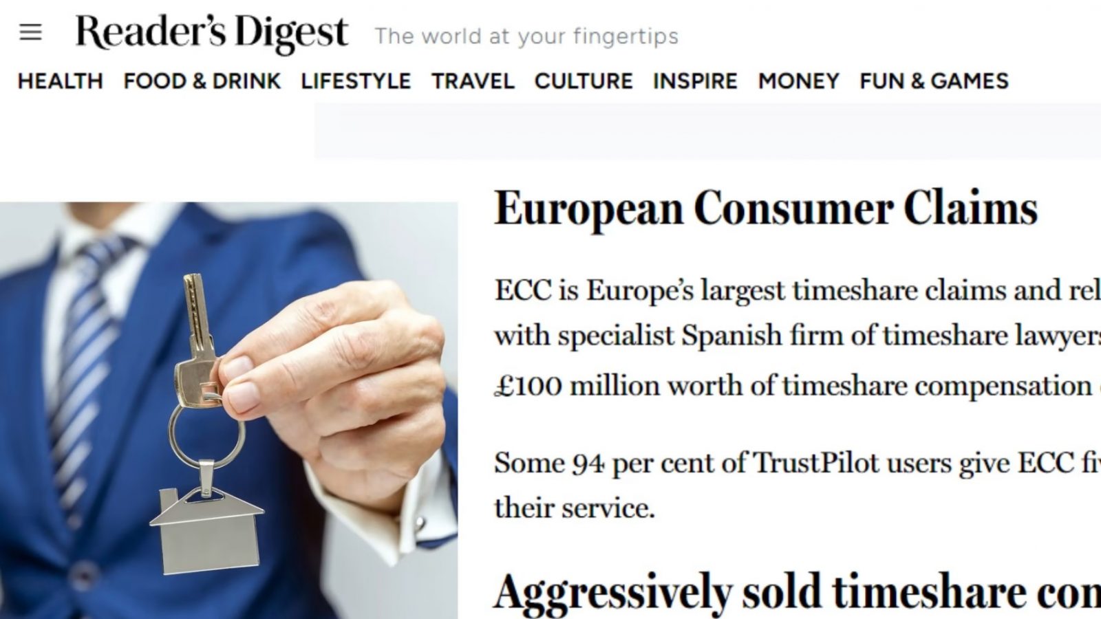 Screenshot of a Reader’s Digest timeshare article titled “European Consumer Claims”, alongside a person in a blue suit holding house keys on a keyring