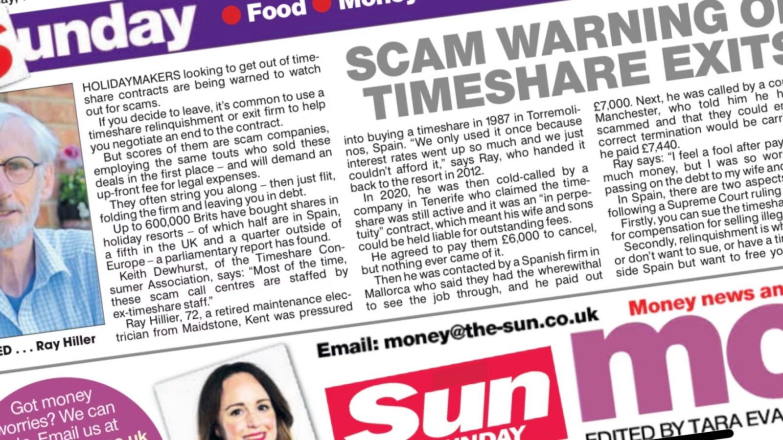 The Sun newspaper article headline “Scam warning on timeshare exits” with photo of an older man and Money section branding visible