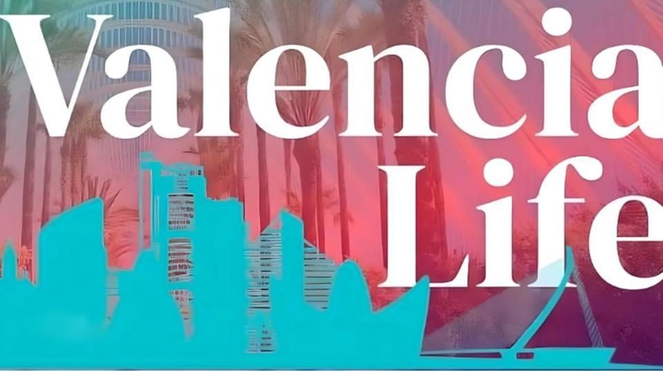 Valencia Life podcast cover art with large white “Valencia Life” text over a stylised city skyline and palm trees in pink and turquoise tones