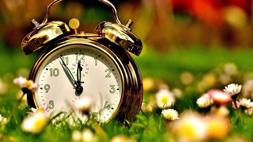 Vintage twin-bell alarm clock in grass with spring flowers, symbolising clocks spring forward for British Summer Time (BST) start in the UK