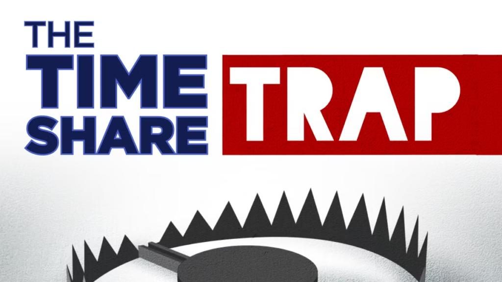 Podcast cover artwork reading “The Timeshare Trap” with a grey bear trap graphic on a white background