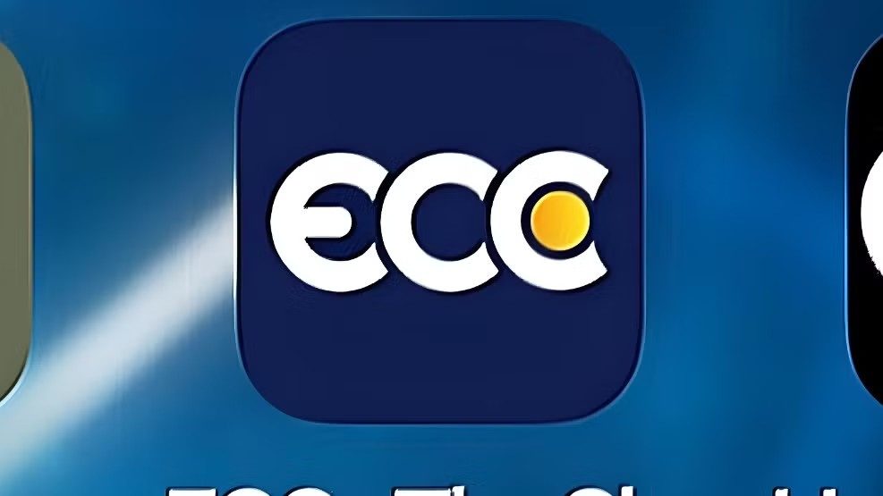 ECC smartphone app icon with “ecc” lettering on a blue background