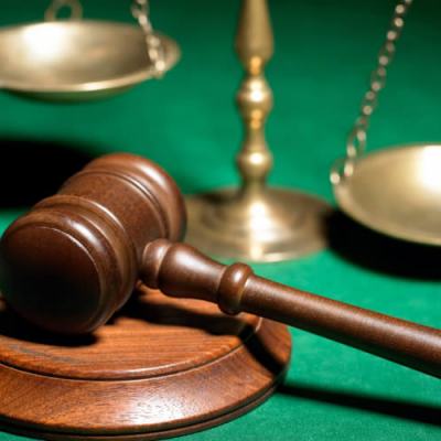 Wooden judge’s gavel on a sound block with brass balance scales on a green felt surface