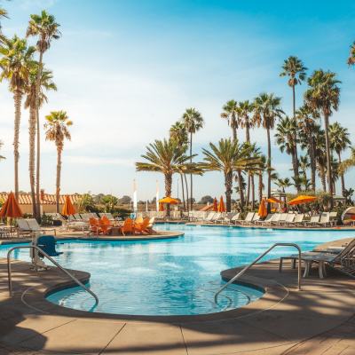 Outdoor resort swimming pool with sun loungers and orange parasols among tall palm trees under a clear blue sky