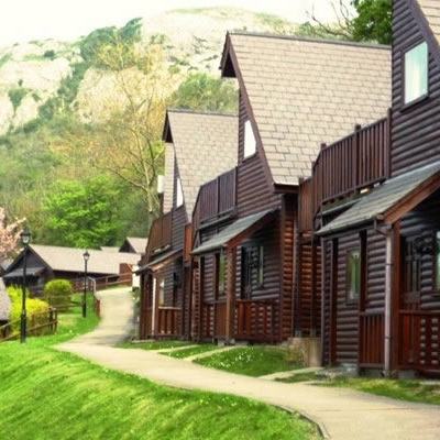 Row of wooden lodge cabins beside a paved path on a grassy hillside with trees and mountains in the background
