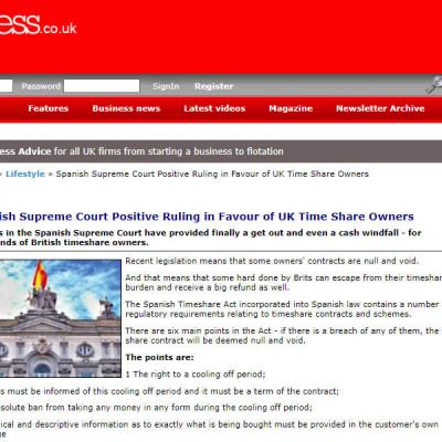Screenshot of a NewBusiness.co.uk article titled “Spanish Supreme Court Positive Ruling in Favour of UK Time Share Owners” with a photo of a building topped by a Spanish flag.