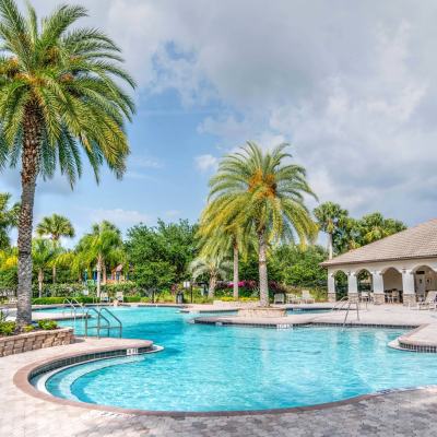 Outdoor resort swimming pool with palm trees, sun loungers and low buildings under a cloudy sky