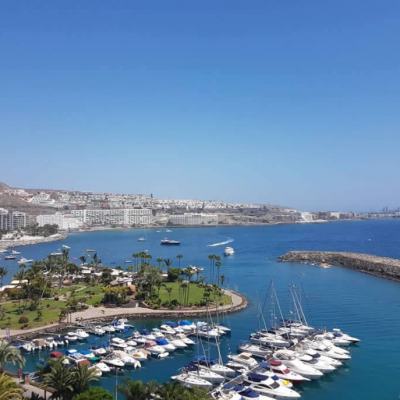 Aerial view of a coastal marina with yachts and boats, palm-lined promenade, and seaside resort buildings under a clear blue sky