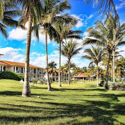 Palm trees and a grassy lawn beside seaside resort apartments under a blue sky with scattered clouds