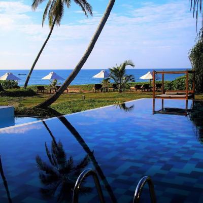 Infinity pool overlooking the sea, with palm trees, sun loungers and white parasols on a grassy terrace under a blue sky