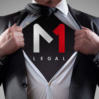 Person in a suit pulling open their shirt to reveal the M1 Legal logo underneath, superhero-style