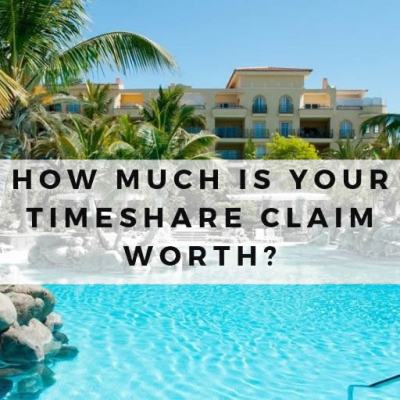 Tropical resort swimming pool with palm trees and hotel building, overlaid text: How much is your timeshare claim worth?
