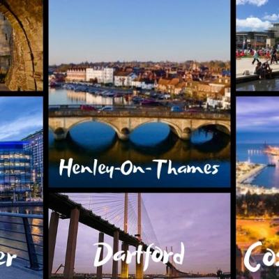 Collage of UK and Spain city scenes labelled Stirling, Bristol, Manchester, Henley-on-Thames, Dartford and Costa del Sol