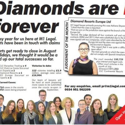 M1 Legal promotional graphic reading “Diamonds are NOT forever”, with text about Diamond Resorts Europe Ltd judgements, a portrait photo, and a group photo of the legal team at the bottom.