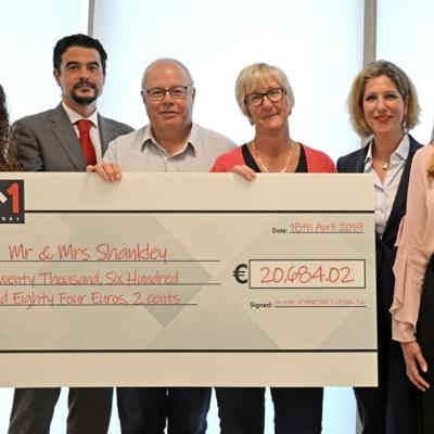 Group of six people holding an oversized cheque made payable to Mr & Mrs Shankley for €20,684.02 in an office setting