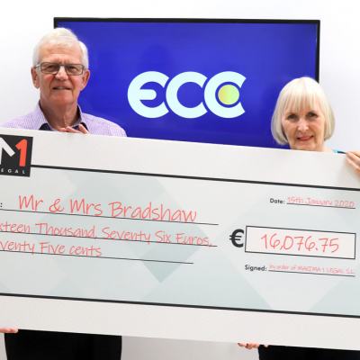 Older couple holding a large presentation cheque for €16,076.75, with ECC and M1 Legal logos in the background