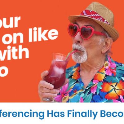 Cartoon-style elderly man in a straw hat and heart-shaped sunglasses sipping a drink, with the text “Get Your Gruve on like Gary with Gruveo” and “Video Conferencing Has Finally Become Usable”