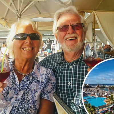 Smiling older couple holding glasses of wine at an outdoor café, with an inset view of a Tenerife resort pool and seafront marina at La Pinta Beach Club