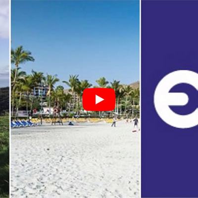 Collage showing a man standing outdoors by the sea, a sunny beach scene with a play button overlay, and the ECC logo on a blue background