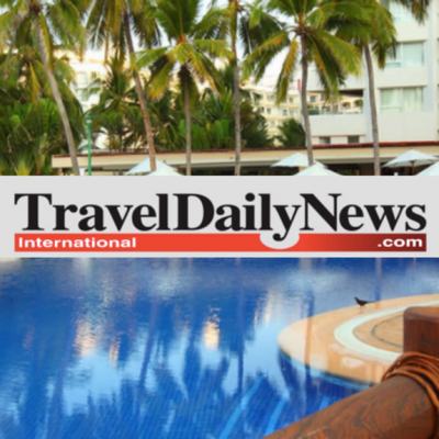 Swimming pool at a tropical resort with palm trees and a hotel building in the background, overlaid with “Travel Daily News” text