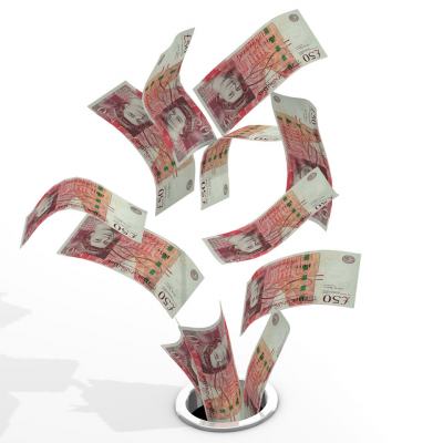 Flying £50 notes swirling into a drain, symbolising money lost to timeshare maintenance fees 2022