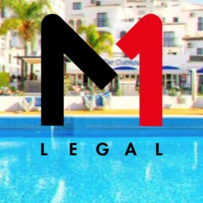 M1 Legal logo over a blurred image of a resort swimming pool and white apartment buildings in Spain