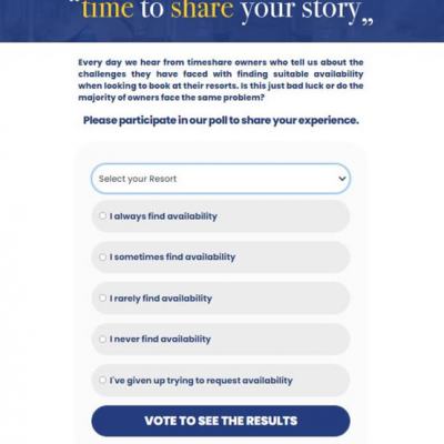 Timeshare availability poll screen showing booking availability options and a “Vote to see the results” button
