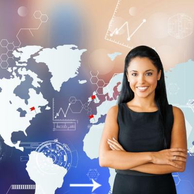 Smiling businesswoman with folded arms in front of a world map with hexagon graphics and chart icons, suggesting an international US launch expansion