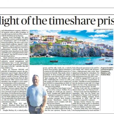 Screenshot of a Sunday Times Money page titled “The plight of the timeshare prisoners”, with a seaside resort photo and a cut-out portrait of a man in a white shirt.