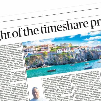 The Sunday Times newspaper article titled “The plight of the timeshare prisoners”, with a seaside town and boats photo above the text