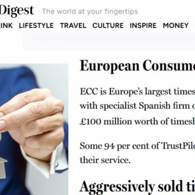 Screenshot of a Reader’s Digest timeshare article titled “European Consumer Claims”, alongside a person in a blue suit holding house keys on a keyring