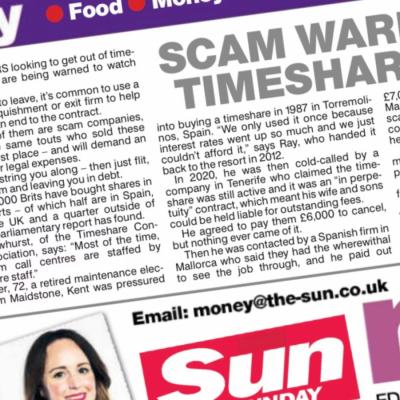 The Sun newspaper article headline “Scam warning on timeshare exits” with photo of an older man and Money section branding visible