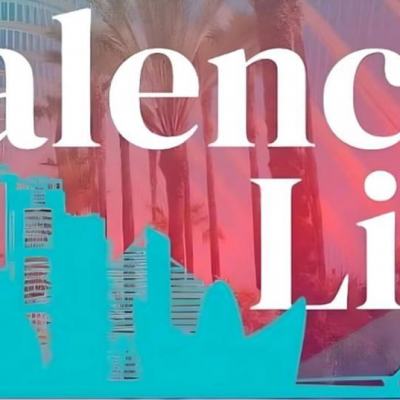 Valencia Life podcast cover art with large white “Valencia Life” text over a stylised city skyline and palm trees in pink and turquoise tones