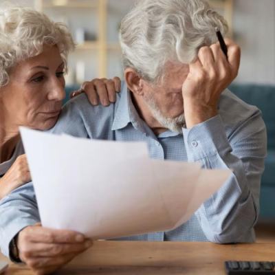 Worried elderly couple at a table reading paperwork, with the man holding his head in his hand as the woman comforts him in the background