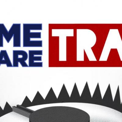Podcast cover artwork reading “The Timeshare Trap” with a grey bear trap graphic on a white background